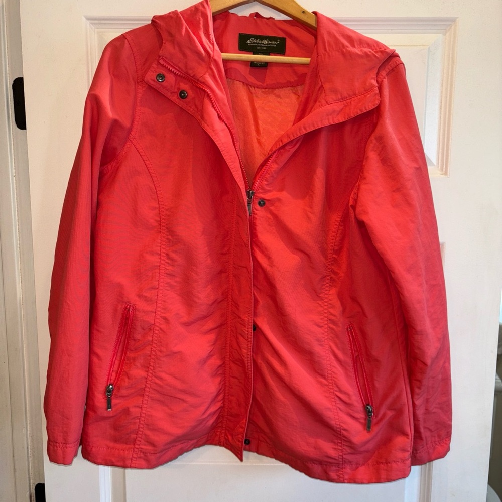 Eddie Bauer Women L Lined Hooded Rain Coat Light Jacket Salmon Coral Full Zip